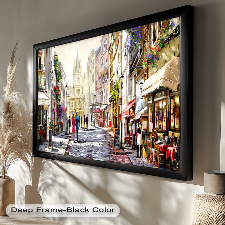 A picturesque framed painting of a historic European alley, lined with charming cafés, colorful flowers, and elegant street lamps