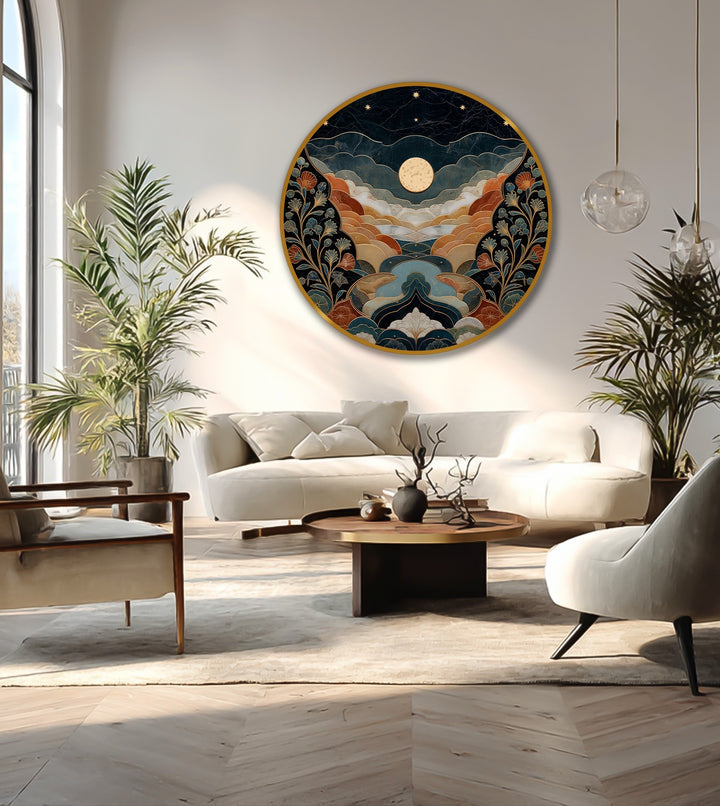 Foreground sunlit flooring draws the eye to a serene living room featuring the celestial valley landscape round oil painting art prints.