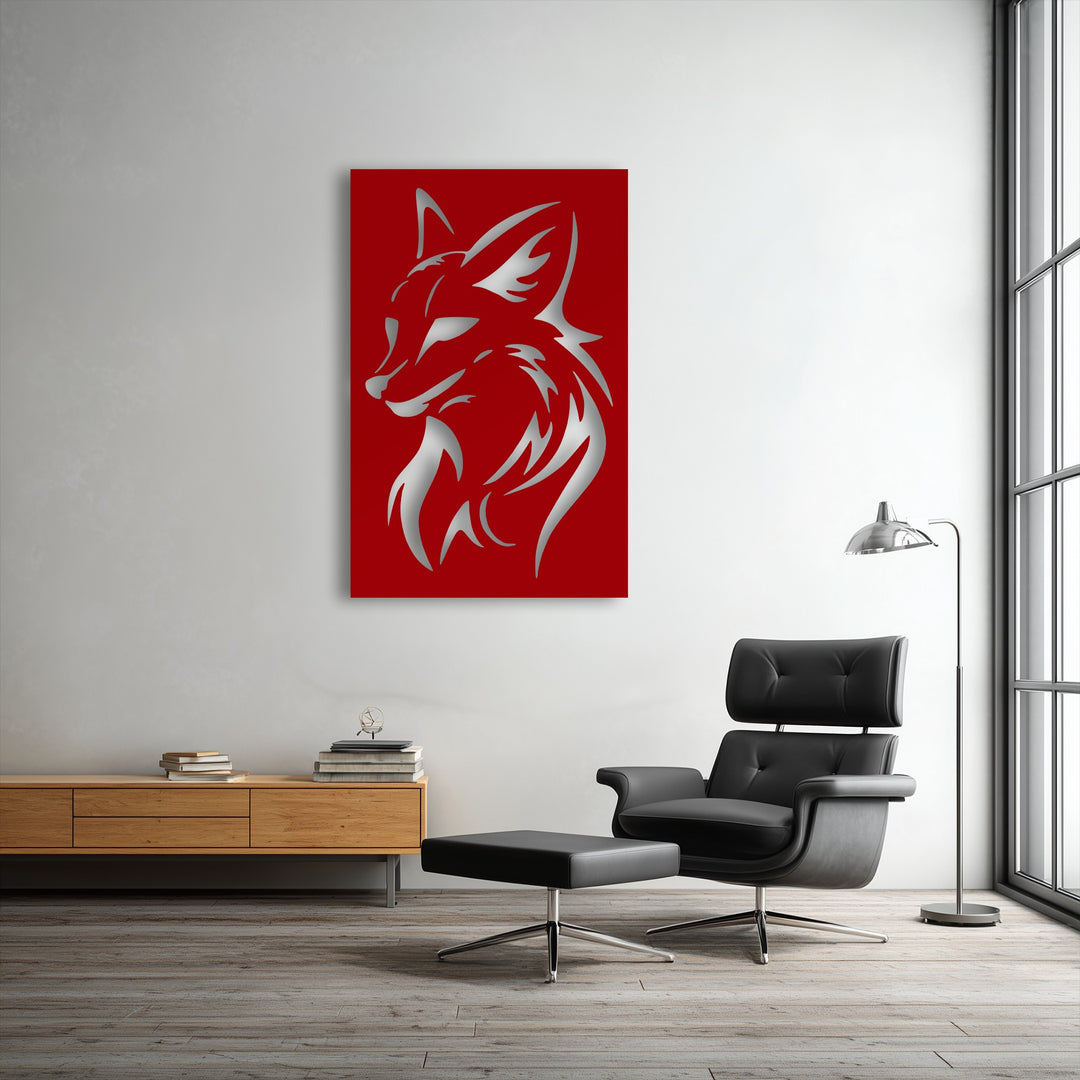 Black leather furniture and window frames define the darkest areas, providing a sharp contrast to the fierce wolf head metal wall decor.