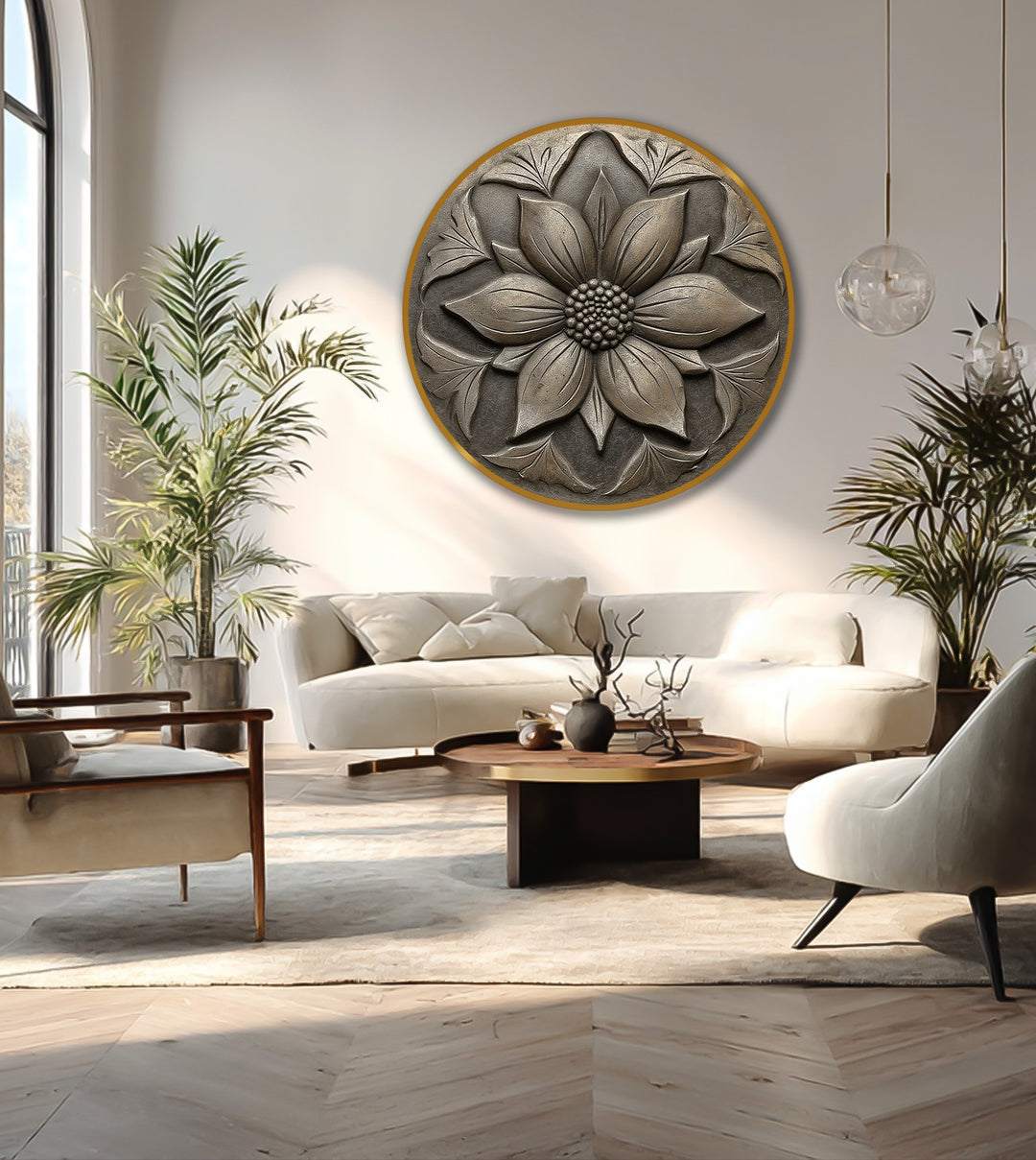 Negative space highlights the carved textures of this vintage blossom relief, offering visual rest between the intricate details of this round oil painting art prints.