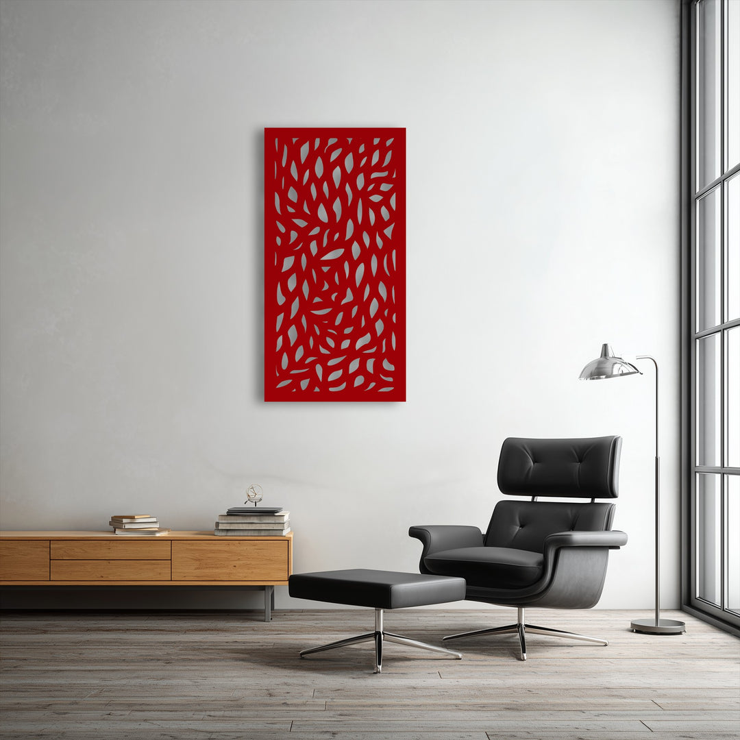 The vibrant matte red finish of this abstract leaf pattern metal artwork features nature-inspired, layered cutouts.