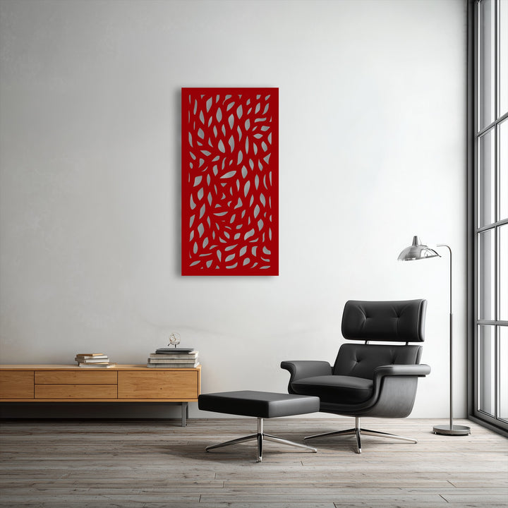 The vibrant matte red finish of this abstract leaf pattern metal artwork features nature-inspired, layered cutouts.