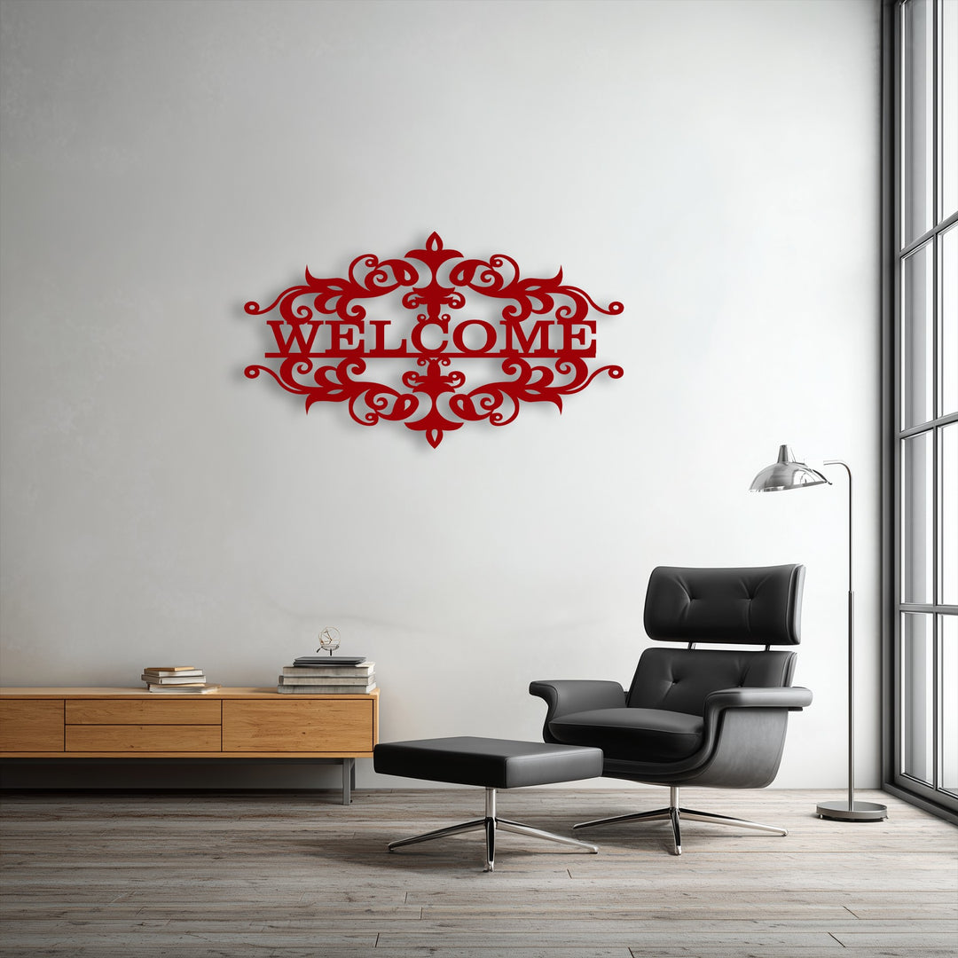 The red unique metal wall art 'WELCOME' sign creates a beautiful layering effect against the white wall, emphasizing its intricate ornate classic design.