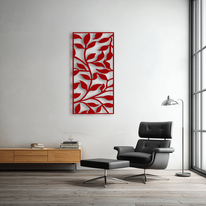 The precise red border and clean edges define this abstract leaf branch pattern metal decoration wall art.