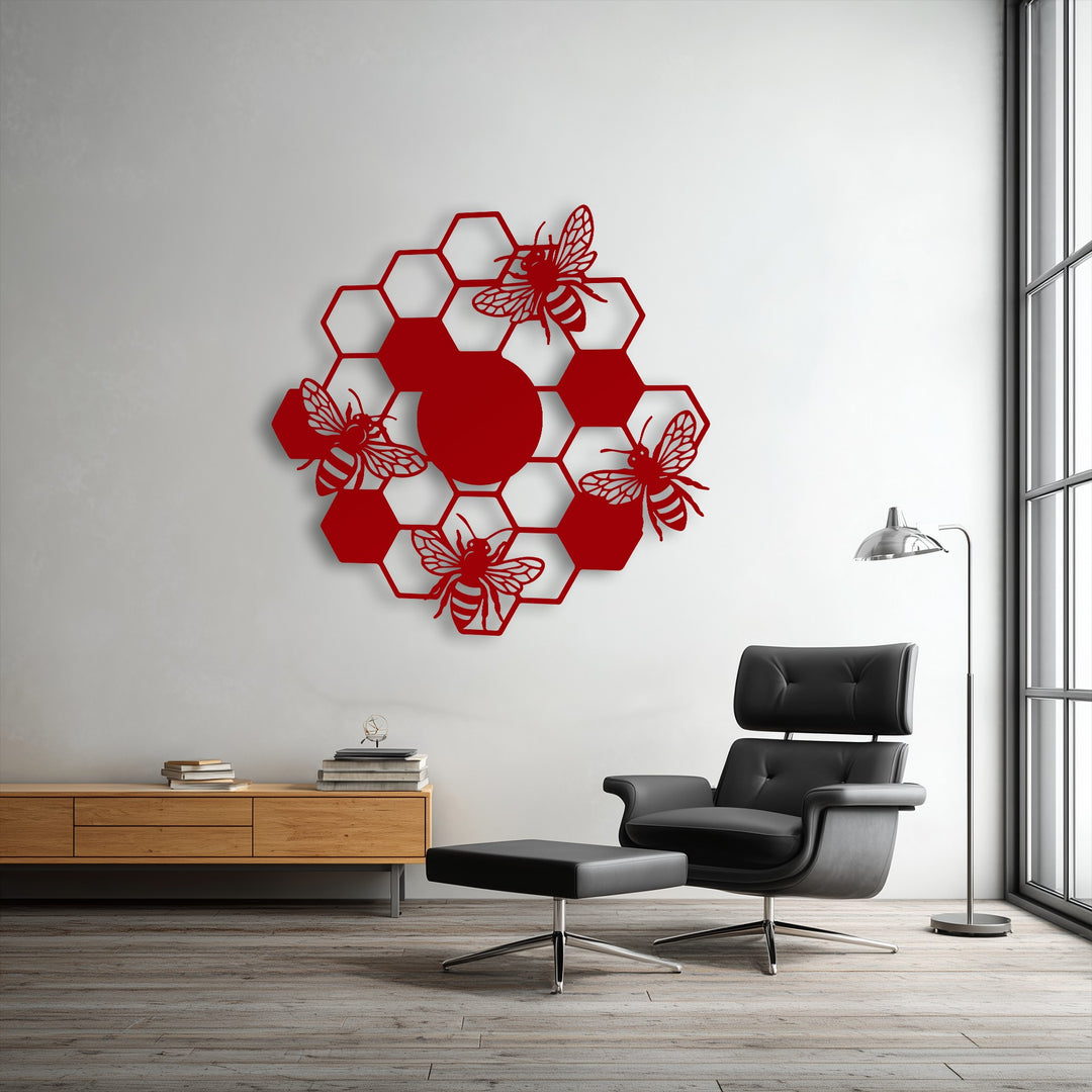 The crisp white wall serves as a minimalist backdrop for the striking Honeycomb Bees metal art for wall, enhancing the modern living space.