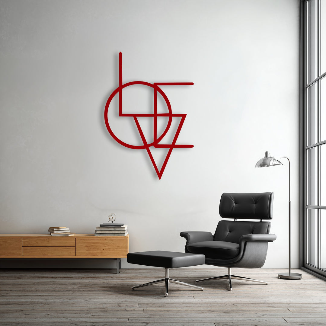 The bright and crisp color temperature highlights the vibrant red abstract geometric metal wall decor in this modern minimal setting.