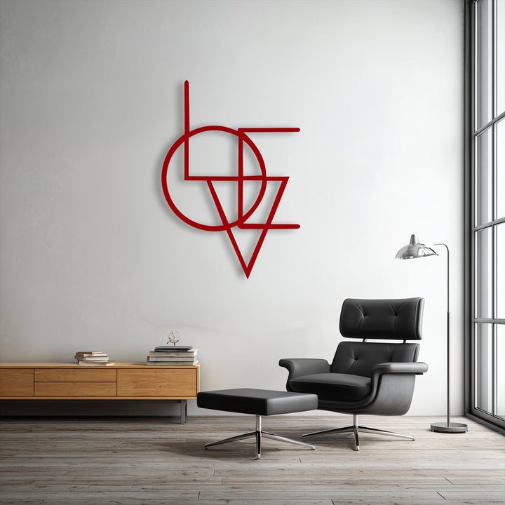 The bright and crisp color temperature highlights the vibrant red abstract geometric metal wall decor in this modern minimal setting.