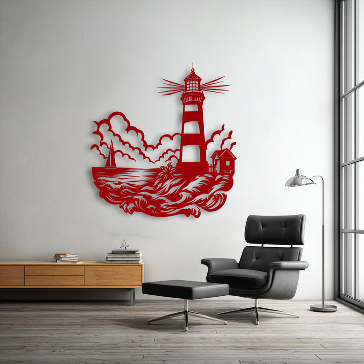 The bold red lighthouse unique metal wall art casts dramatic shadows on the wall, emphasizing its detailed ocean and cloud design.