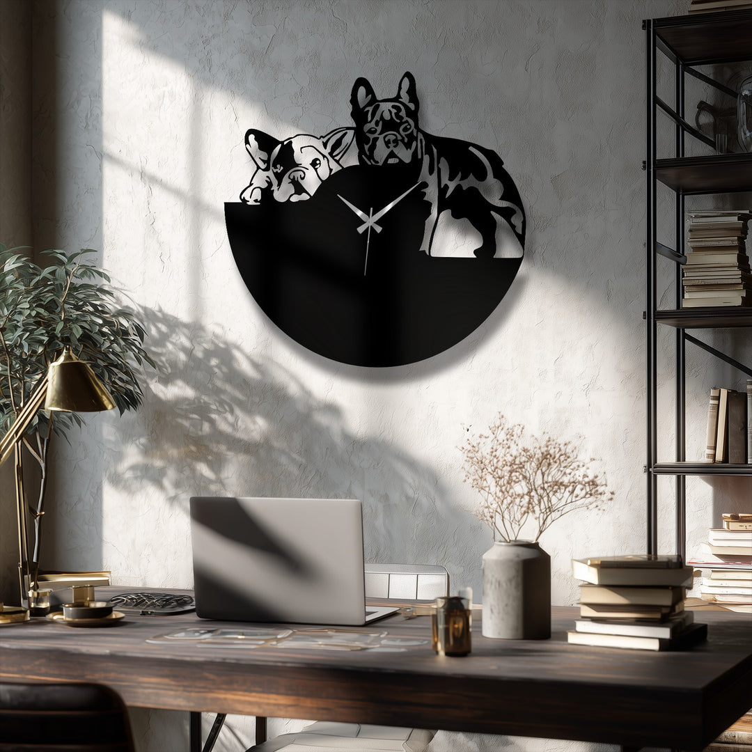 Overlapping depth creates a striking effect in this metal wall decor clock, the layered design showing two bulldogs in silhouette on a modern dog design.