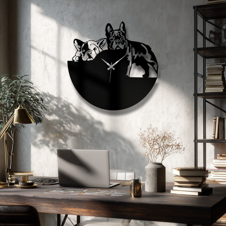 Overlapping depth creates a striking effect in this metal wall decor clock, the layered design showing two bulldogs in silhouette on a modern dog design.