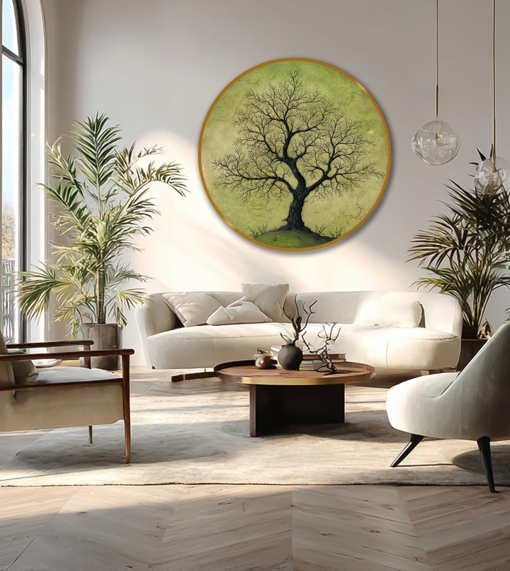 Set against a neutral wall, the soft green background highlights the solitary branching tree, enhancing the oil painting decoration of this nature-inspired art.