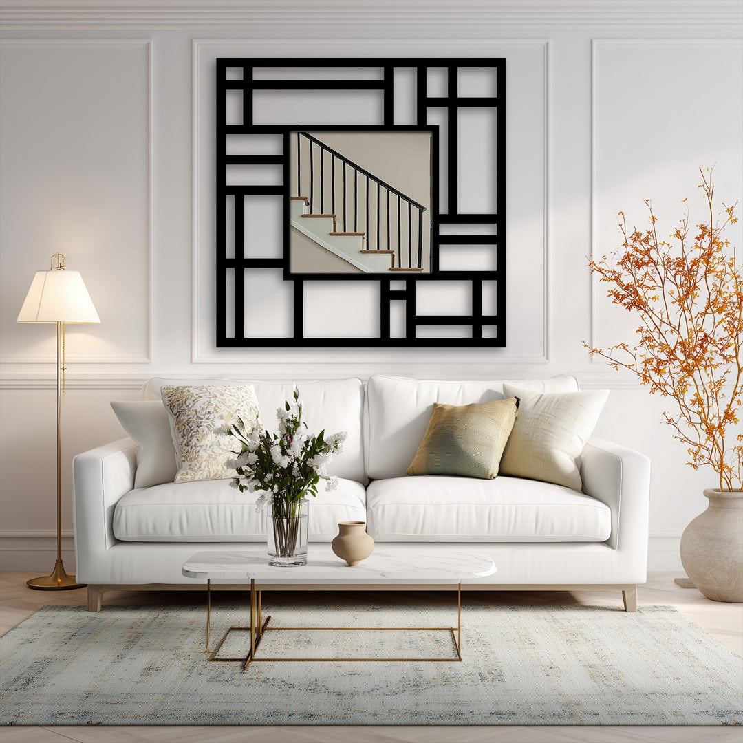 Framed by the black edges and borders of the grid, the decorative mirror shows a modern stairway reflection.