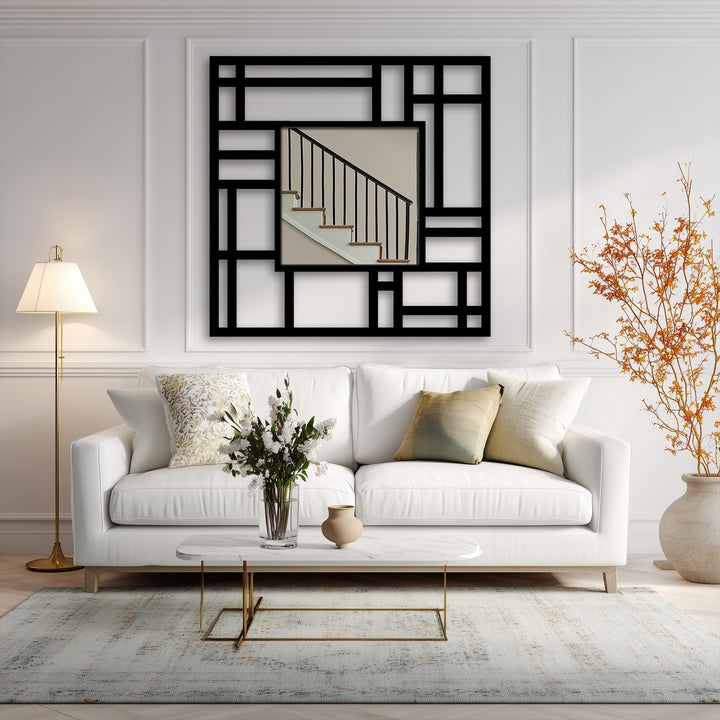 Framed by the black edges and borders of the grid, the decorative mirror shows a modern stairway reflection.