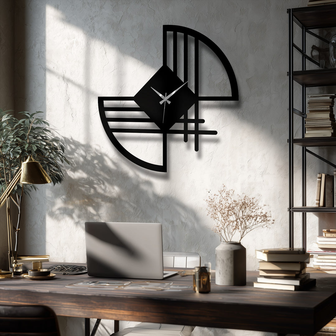 Illuminated by bright sunlight, this modern abstract line metal wall clock serves as beautiful decoration wall art with a geometric form and sleek design.