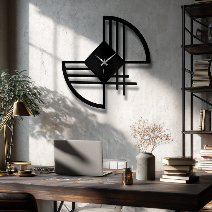 Illuminated by bright sunlight, this modern abstract line metal wall clock serves as beautiful decoration wall art with a geometric form and sleek design.