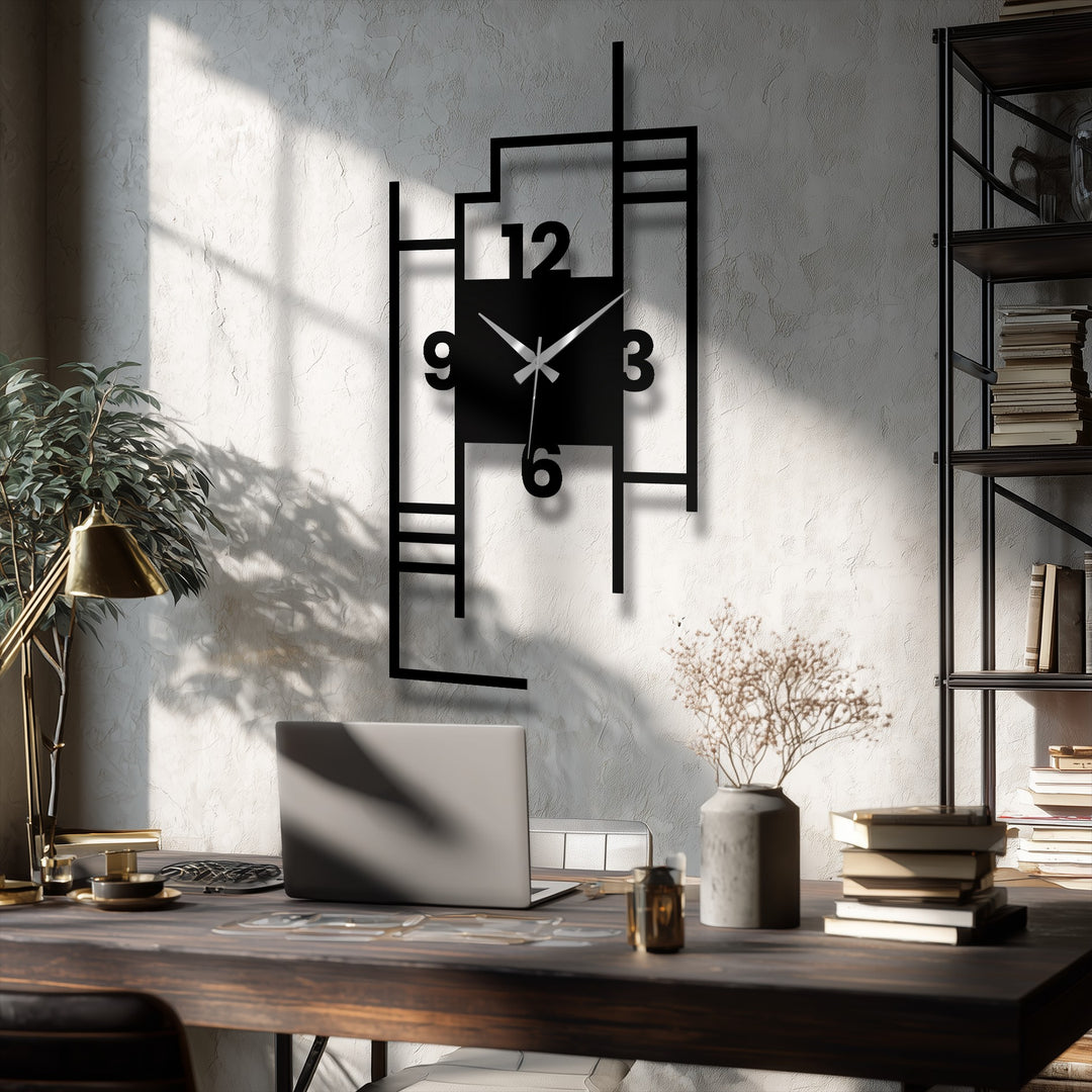 Subtle sunlight caressing the geometric metal artwork of the modern city skyline clock softens the hard edges in this contemporary scene.
