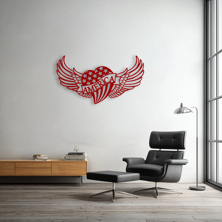 The smooth, vibrant red finish of this unique metal wall art showcases the patriotic American heart and Freedom Wings design.