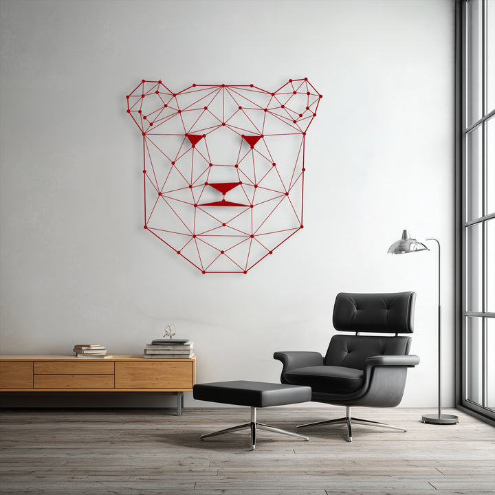 The striking red geometric elements form a polygonal bear face, creating a modern line animal decoration wall art piece.
