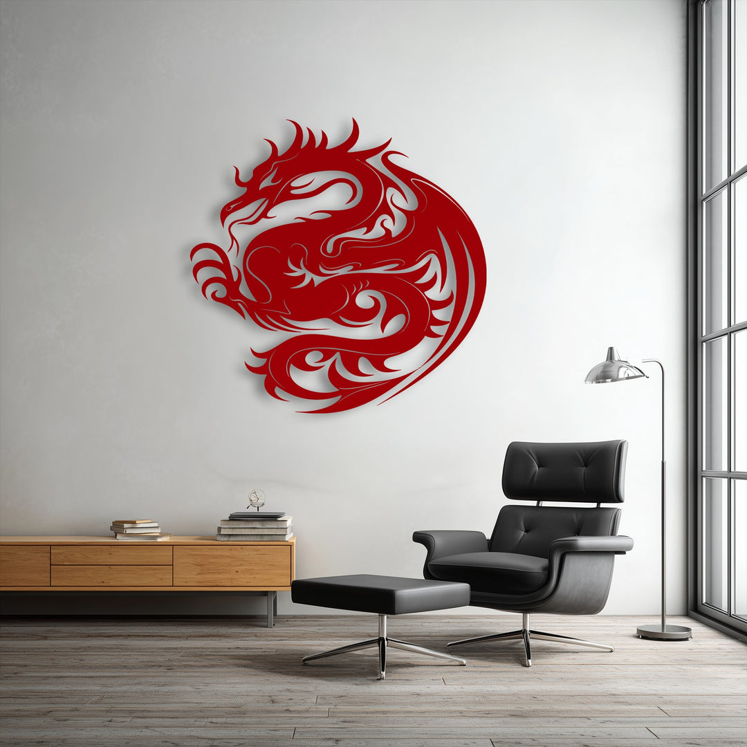 The crisp, bold edges of the red celestial dragon metal decoration wall art create a striking circular mythical design.