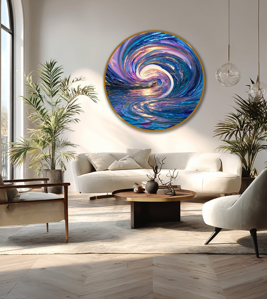 Subtle iridescence defines this celestial tide round oil painting, offering delicate beauty through swirls of color in these stunning oil painting art prints.