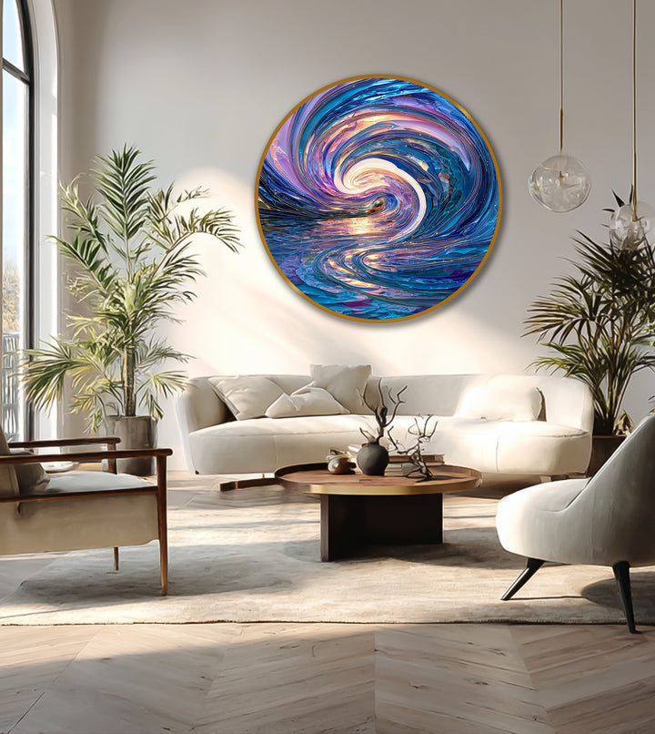 Subtle iridescence defines this celestial tide round oil painting, offering delicate beauty through swirls of color in these stunning oil painting art prints.