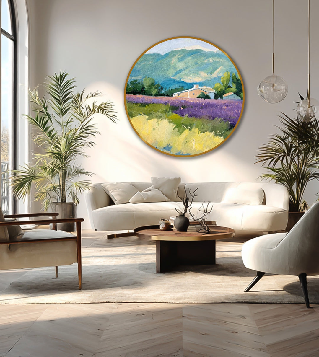 Fine art finish showcases the lavender horizon retreat oil painting decoration with a circular composition and visible brushstrokes enhancing the Provence landscape.
