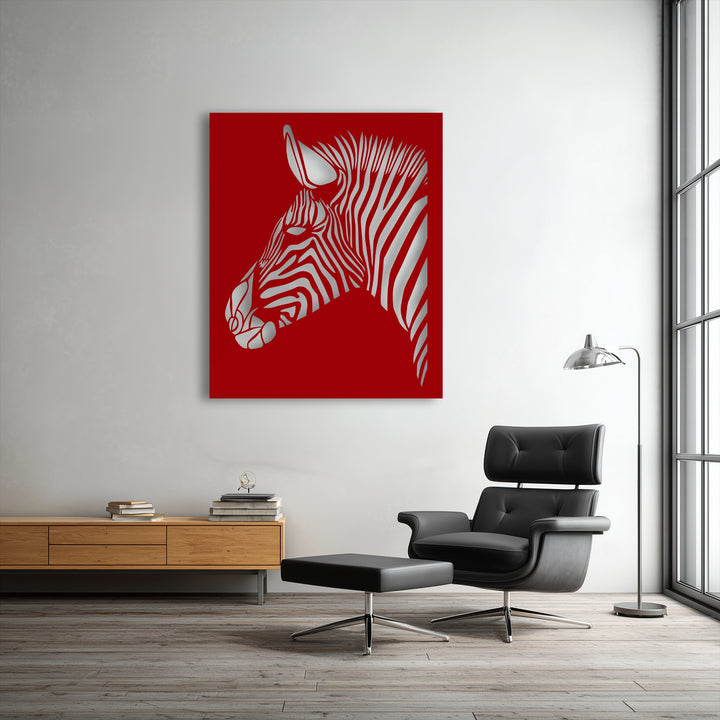 The realistic detail of a striking silver zebra head against a vibrant red background creates a captivating decoration wall art piece.