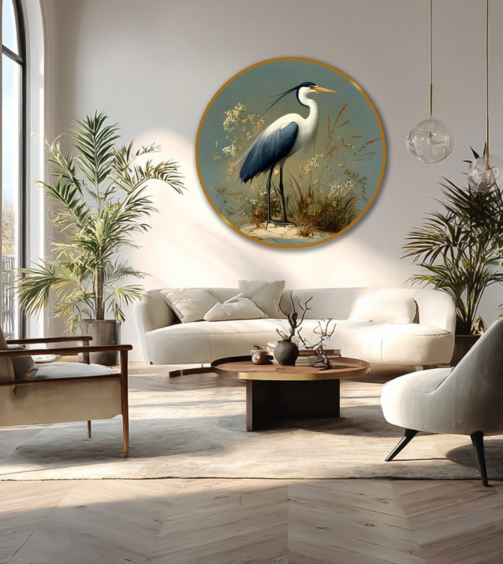 The ample negative space around the round majestic heron emphasizes the oil painting reproduction print, drawing the eye to the fine details and soft tones of this nature wall art.