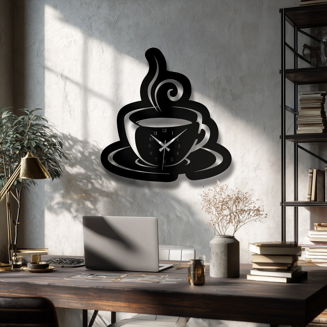 The textured light-colored wall, illuminated by strong angular shadows, provides a dynamic backdrop for the unique metal wall art coffee cup clock.