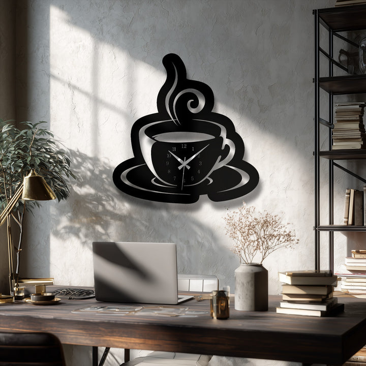 The textured light-colored wall, illuminated by strong angular shadows, provides a dynamic backdrop for the unique metal wall art coffee cup clock.
