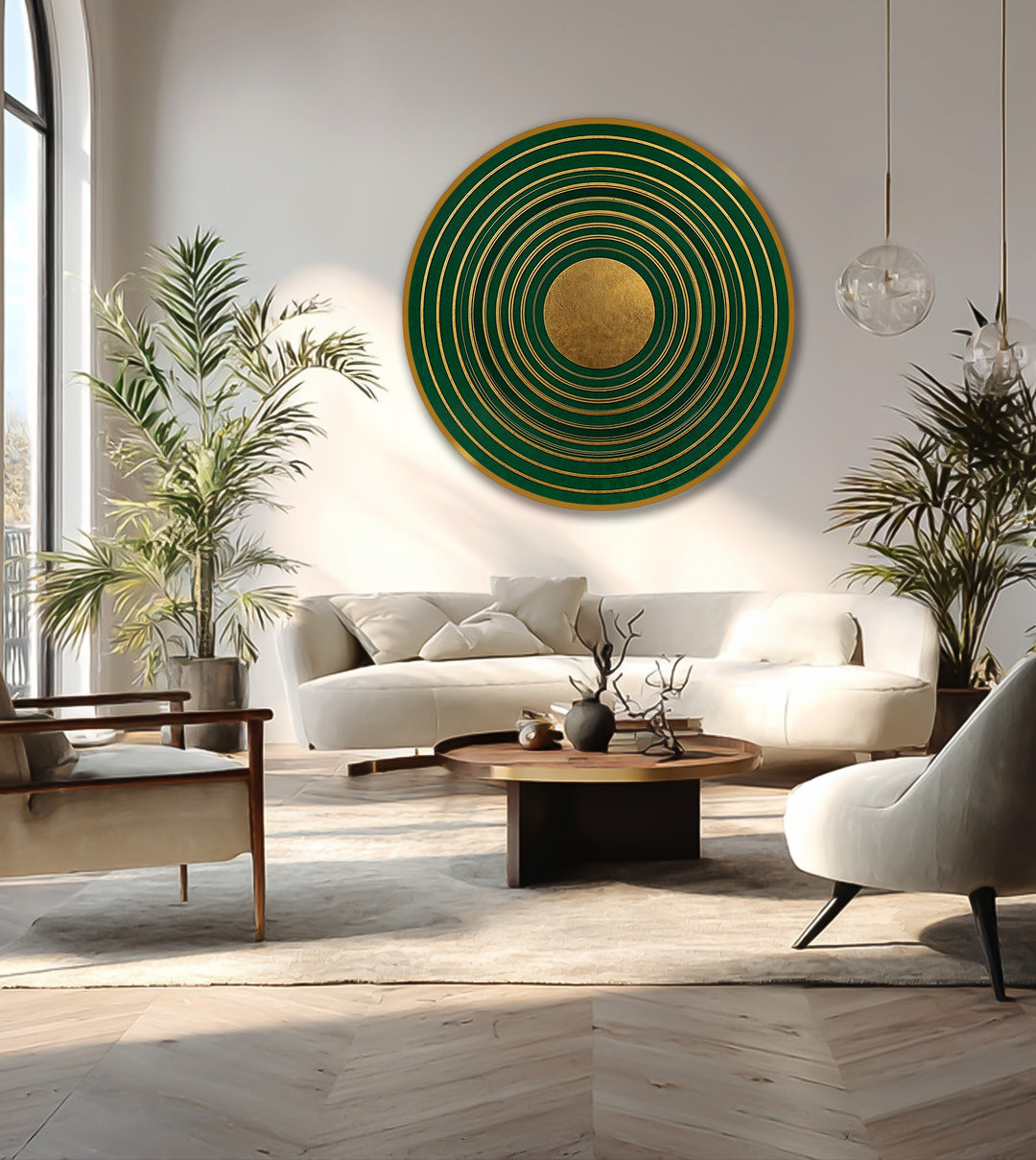 Showing the realistic detail of brushstrokes, this emerald orbit rings geometric round oil painting is a stunning example of oil painting decoration.