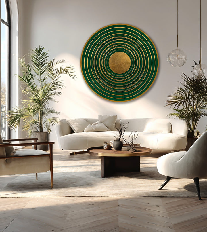 Showing the realistic detail of brushstrokes, this emerald orbit rings geometric round oil painting is a stunning example of oil painting decoration.