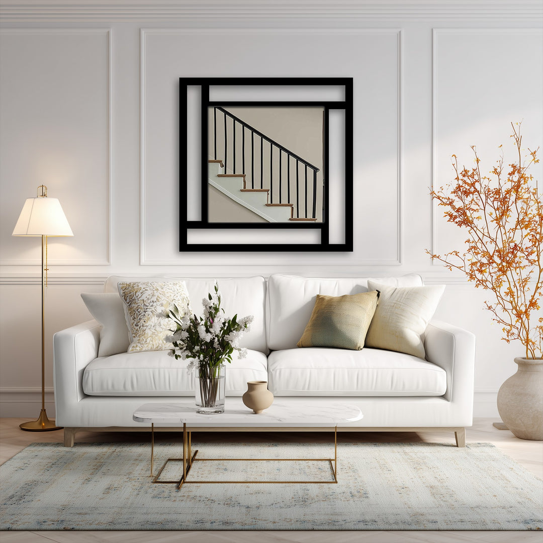 Bold, black geometric lines define the edge and borders of this square metal artwork mirror, a stunning piece among modern wall mirrors.