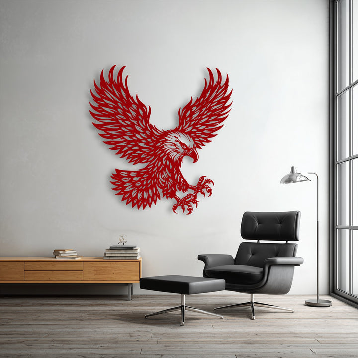 A powerful mood emanates from the majestic eagle flight decoration wall art, a striking bird decor piece accentuating the modern space.