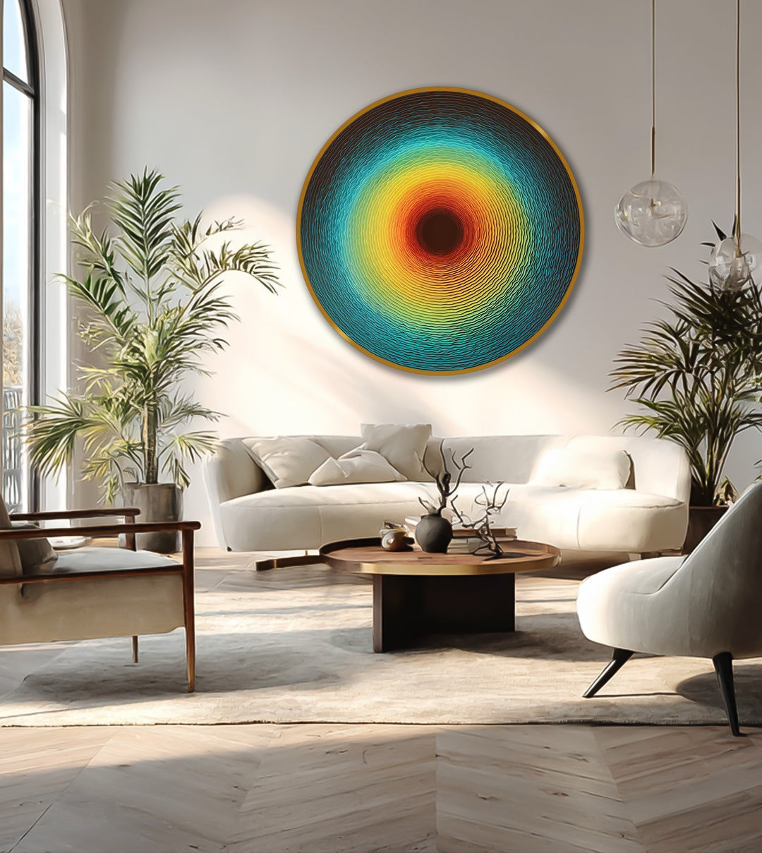 Radiant concentric bands of red, orange, yellow, teal, and deep indigo define the dominant color scheme in this vibrant abstract round oil painting art piece.