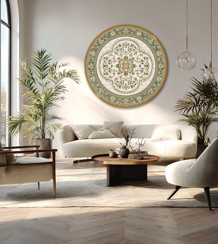 Subdued color saturation enhances this round oil painting artwork featuring a sage green floral mandala with vintage gold accents, adding a touch of elegance to any space.