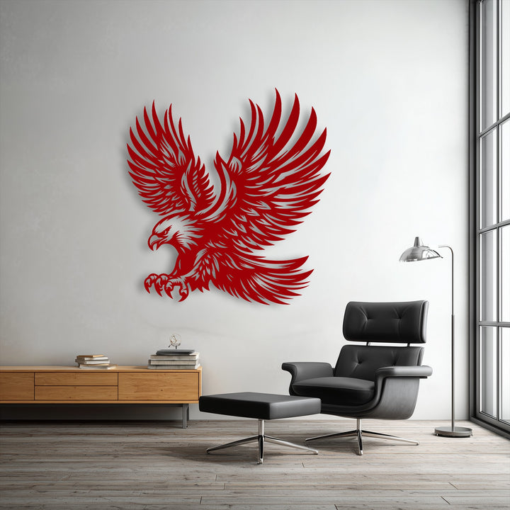 The striking red majestic eagle metal wall decor prominently stands against the abundant white negative space on the wall.