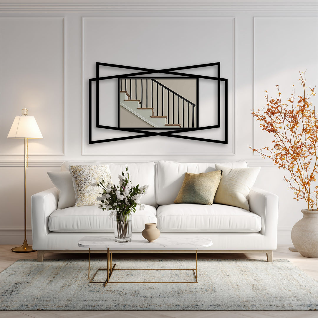 Darkest areas define the layered geometric metal frame of this sleek minimal floor mirror, a compelling example of modern metal wall decor.