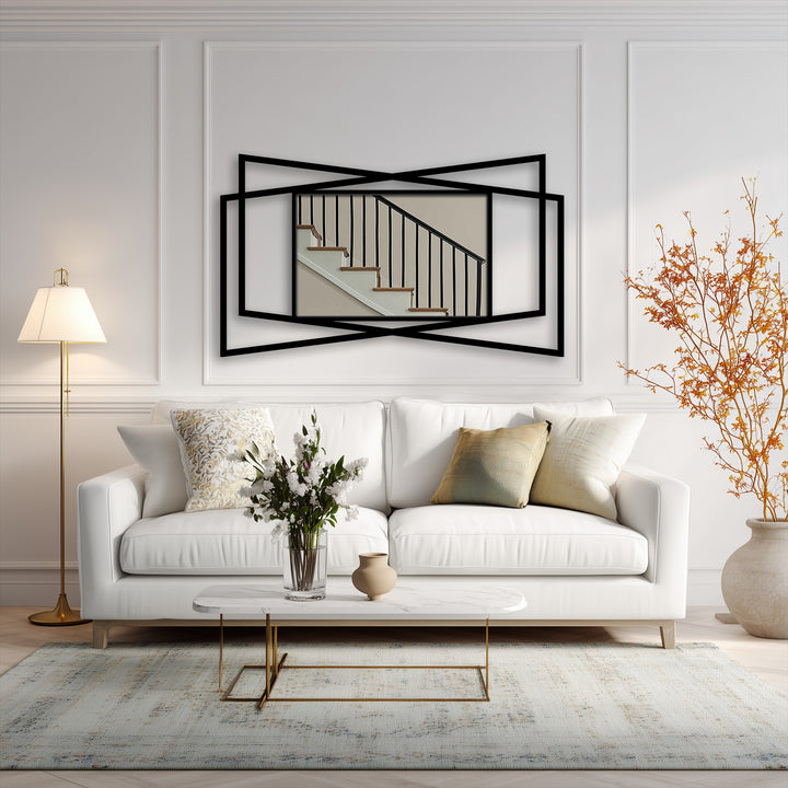 Darkest areas define the layered geometric metal frame of this sleek minimal floor mirror, a compelling example of modern metal wall decor.