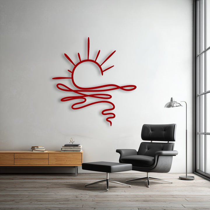 Vibrant red abstract sunrise metal decoration wall art provides a striking color contrast against the pristine white wall in a modern setting.