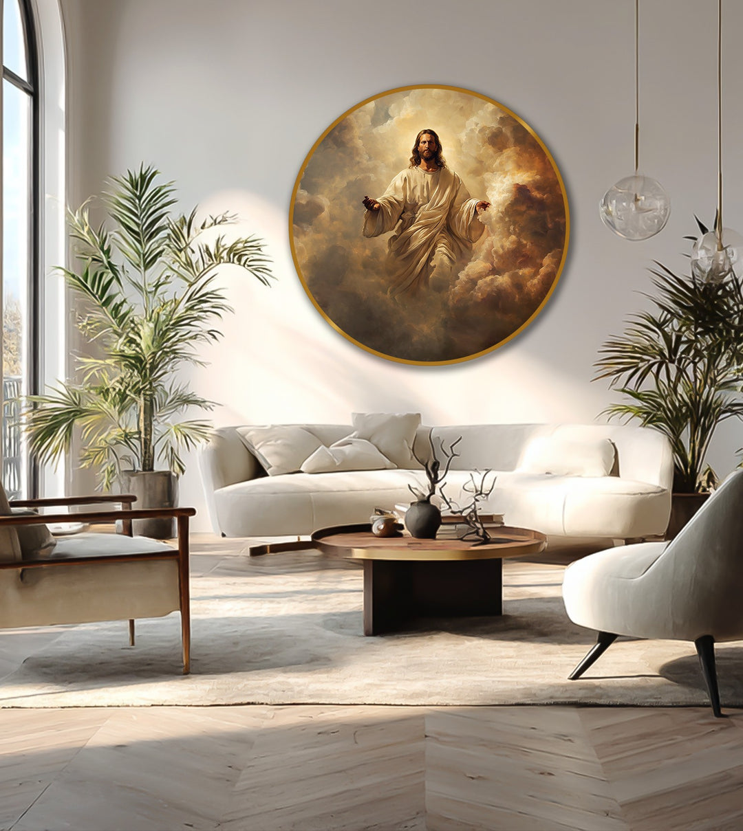 Radiant Christ in Clouds oil painting, the loudest element in the living room, creates a stunning oil painting home decor focal point with warm light and religious imagery.