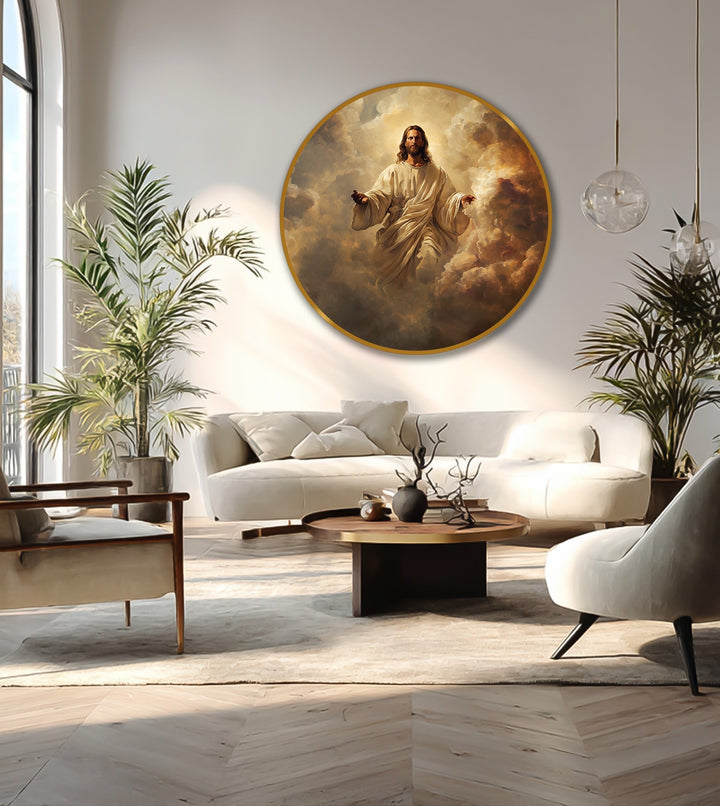 Radiant Christ in Clouds oil painting, the loudest element in the living room, creates a stunning oil painting home decor focal point with warm light and religious imagery.