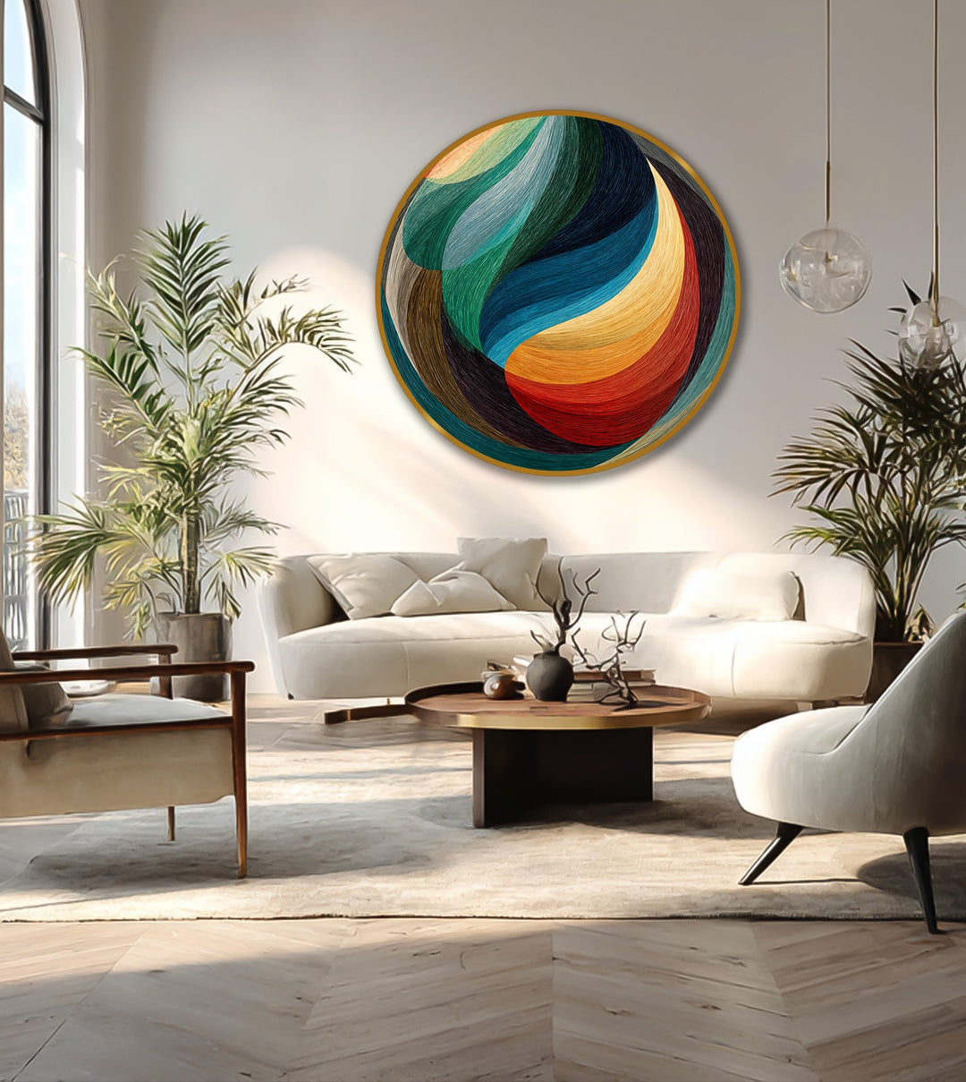 Swirling with vibrant chromatic energy, this round oil painting wall art captures a sense of fluid motion, like a colorful vortex in a modern abstract.