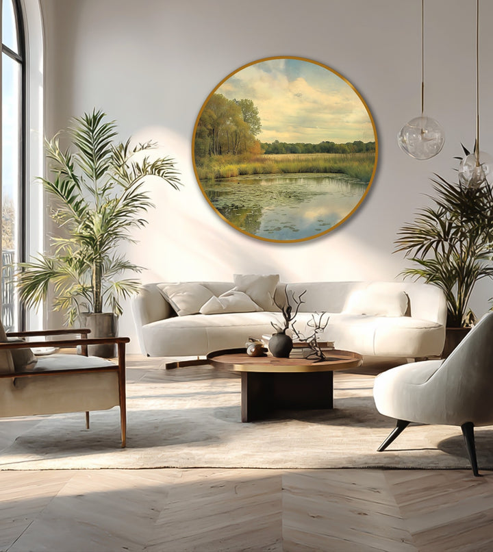 Varying surface texture defines the landscape within this tranquil oil painting wall art, revealing golden meadow reflections in the pond's calm waters.
