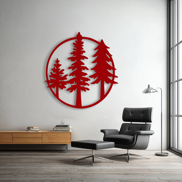 The vibrant red minimalist evergreen circle metal art for wall stands out with striking color contrast against the crisp white wall.