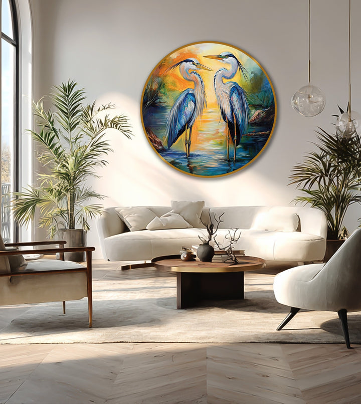 Highlighting the focal point, this round oil painting art prints portrays graceful herons amid sunset reflections, showcasing elegant circular nature.