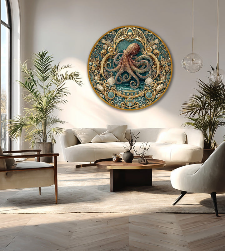 Neutral tones in the background complement the ornate octopus round oil painting artwork, featuring baroque coastal details and gold accents.