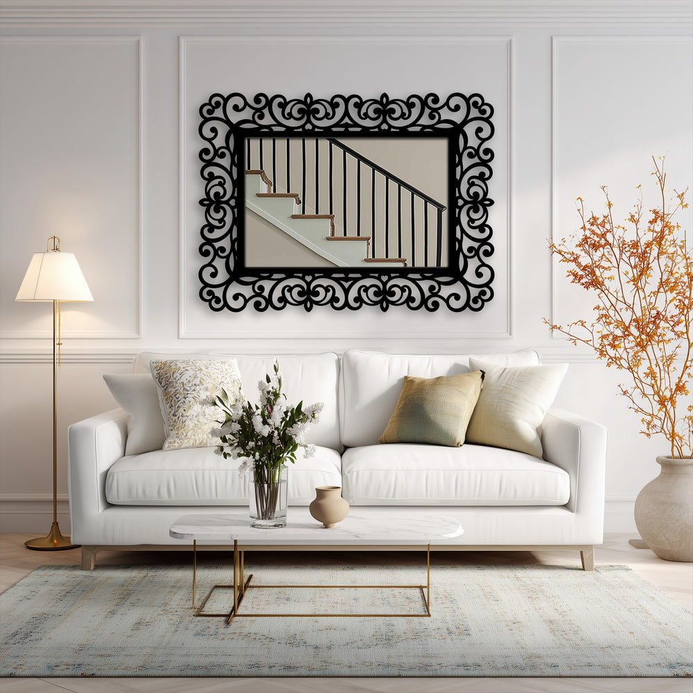 Soft light illuminates the elegant baroque scroll rectangular floor mirror, a striking metal artwork with an ornamental black frame.