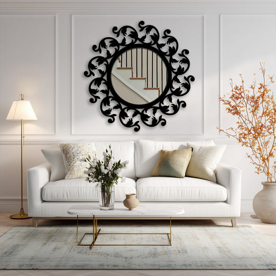 Observing the gradient in color reflected in this floral scroll round decorative wall mirror, a compelling piece of stained glass wall mirror.