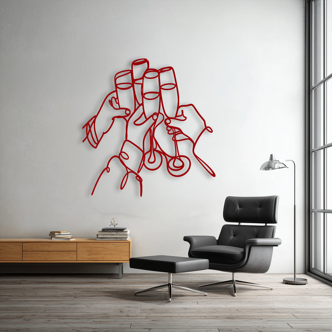The organic forms of red continuous line art depicting hands toasting with champagne glasses create a lively metal art for wall.